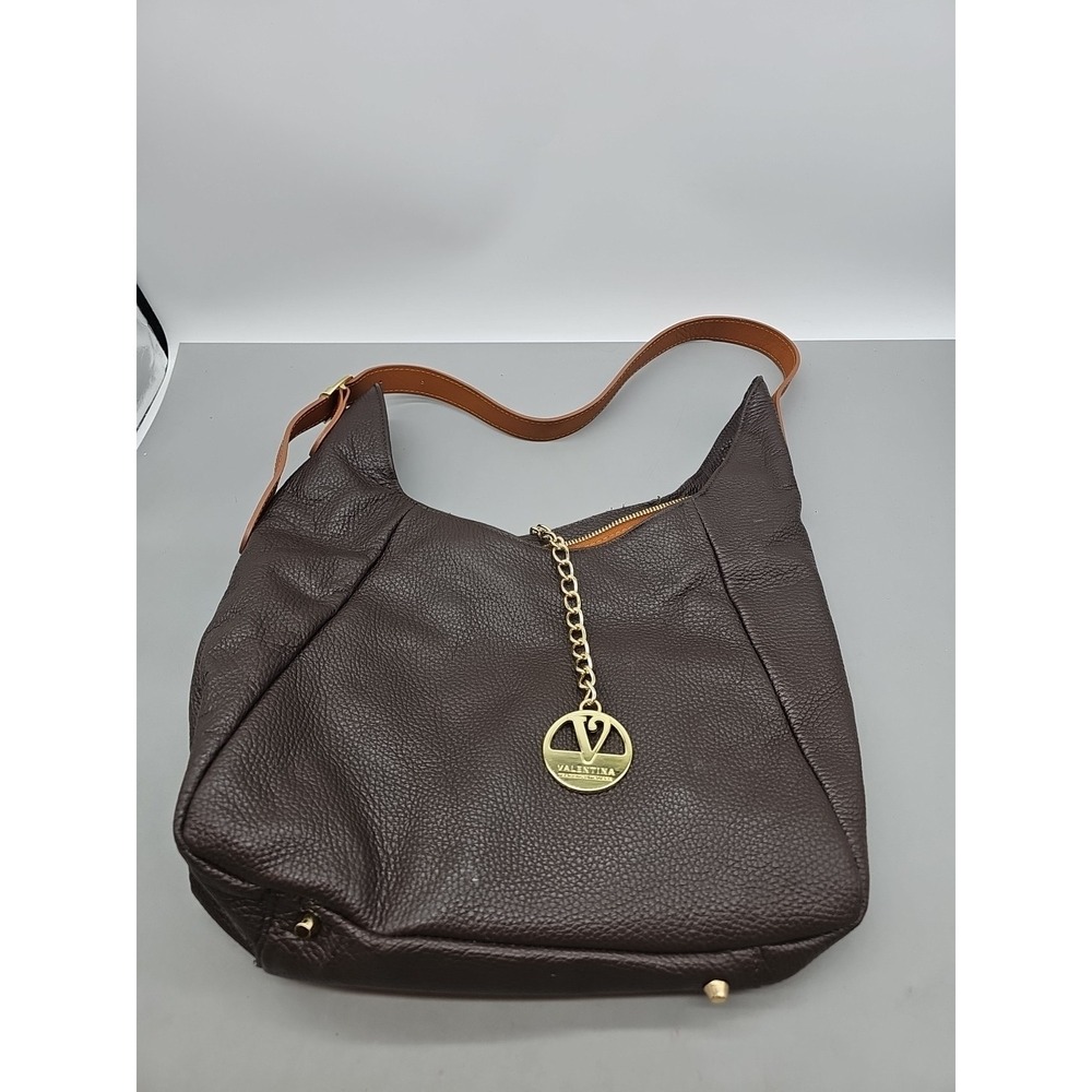 Valentina Brown Pebbled Shoulder Bag Gold Hardware Zip Closure Logo Accent Women
